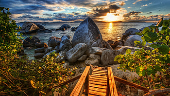 Rocky Coast, boat, landscape, clouds, colors, sky, sun, rocks, sunset HD wallpaper