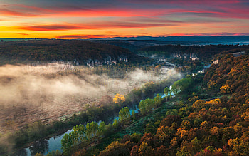 The canyon of Vit river in autumn, mist, Bulgaria, landscape, clouds, trees, colors, sky, sunset HD wallpaper