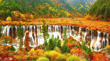 Autumn view to a waterfall, river, leaves, fall, landscape, cascades, trees, colors, mountains HD wallpaper