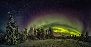 finland aurorae, winter, aurorae, lights, snow, trees, road, forest HD wallpaper