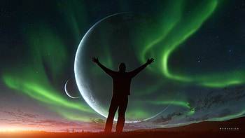 Sky, Universe, Night, Silhouette, Miscellanea, Miscellaneous, Northern Lights, Aurora Borealis, Aurora, dom HD wallpaper