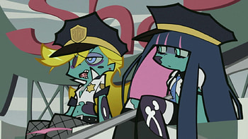 Zombie Panty and Stocking, blue eyes duo, two girls, ribbon, long hair, series anarchy panty, character, screenshot, anarchy stocking, police outfit, multi colored hair, zombie, blonde hair, panty and stocking with garterbelt, female HD wallpaper