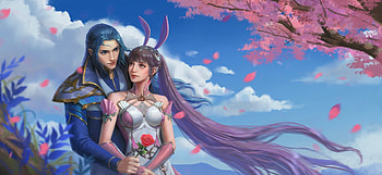 Fantasy couple, blue, frumusete, man, gorgeous, girl, lovers, spring, bunny, superb, pink, chris dylan, fantasy, ears, couple, luminos HD wallpaper