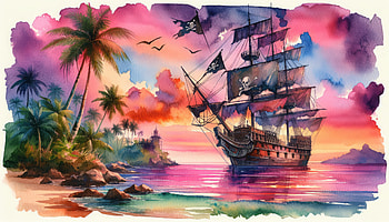 Tropical Pirate Sunset -, pirate ship, tropical island, watercolor, palm tree HD wallpaper