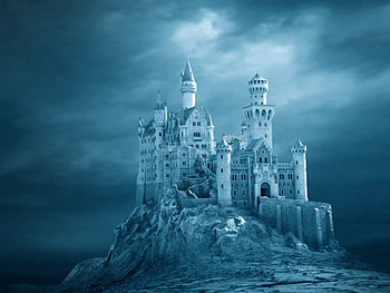 fantasy castle, clouds, building, wall, cliffs HD wallpaper