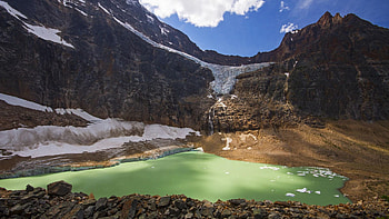 Angel Glacier, Jasper National Park, Alberta, trees, landscape, clouds, sky, canada, rocks, ice, pond HD wallpaper