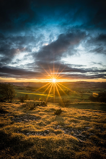 Landscape, Nature, Sunset, Sun, Shine, Light, Beams, Rays, Field HD phone wallpaper
