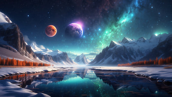 Northern Lights and Planets in Space, Northern Lights, planet, space, mountain, snow, Snowy Mountain HD wallpaper
