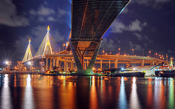 Cities, Rivers, Night, Lights, Reflection, Lanterns, Bridge, Backlight, Illumination, r, Thailand, Bangkok HD wallpaper