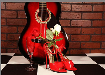Romance with love, rose, sandals, love, glasses, red quitar HD wallpaper