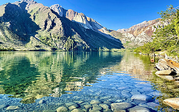 Convict Lake, Mammoth Lakes, California, sky, water, rocks, mountains, reflections, stones, usa HD wallpaper