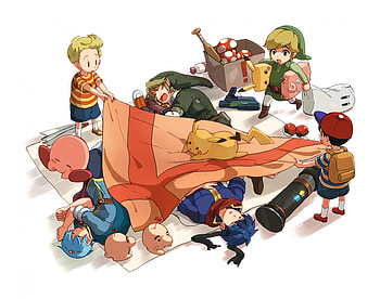 Time for Bed, Toon Link, Ike, Pikachu, Lucas, Marth, Ness, Super Smash Bros Brawl, Kirby, Link HD wallpaper