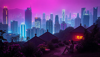 Girl Watching Glowing Metropolis, cyberpunk, night, neon, city, view, silhouette, skyline, artist, artwork, art, digital-art, ai, deviantart HD wallpaper
