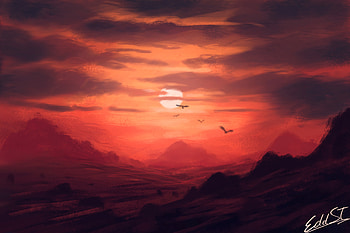 Birds, Sunset, Art, Mountains, Sun HD wallpaper