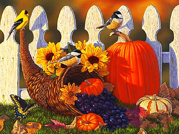 Welcome to Autumn, chickadee, birds, painting, butterfly, fence, finch, pumpkin, flowers HD wallpaper