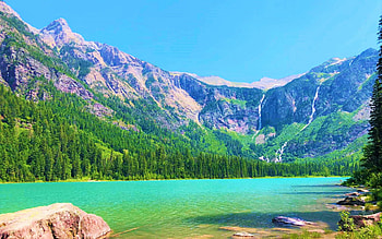 Avalanche Lake, Glacier National Park, rocks, mountains, Montana, landscape, trees, USA, sky HD wallpaper