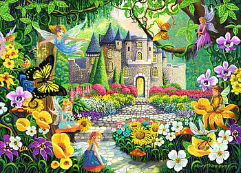 Flowerful Castle, summer, butterfly, path, blossoms, building, fairies HD wallpaper