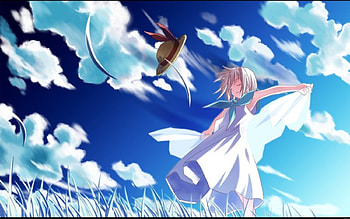 ~Take Me Away~, peaceful, girl, grass, dress, anime, clouds, sky, lovely, hat HD wallpaper