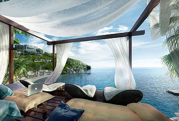 Relaxing oceanfront cabana in Bodrum, perfect for vacation and remote work. HD wallpaper