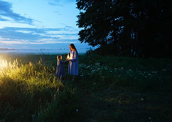 Nature, Sunset, Children, Field, Lamp, Childhood HD wallpaper