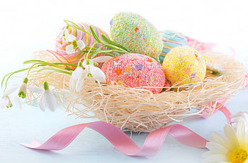 Happy Easter!, blue, egg, snowdrops, ribbon, spring, basket, pink, flower, yellow, card, easter HD wallpaper