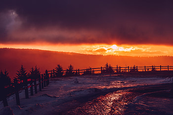 Winter, Nature, Sunset, Mountains, Snow, Fence HD wallpaper