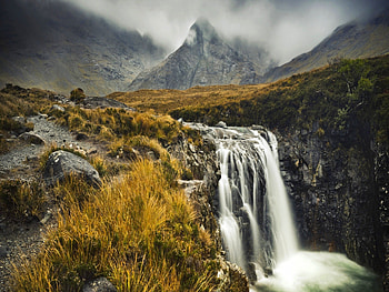 Mountain fall, peaks, nice, mist, water, calm, atream, fall, beautiful, grass, mountain, summer, falling, field, waterfall, clouds, nature, sky, lovely HD wallpaper