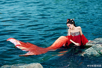 Mermaid, model, asian, red, cosplay, water, vara, siren, blue, summer HD wallpaper