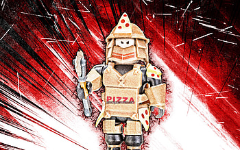 Loyal Pizza Warrior, grunge art, Roblox, fan art, Roblox characters, red abstract rays, Loyal Pizza Warrior Roblox HD wallpaper