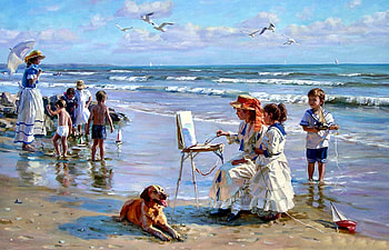 On the Etudes F, dog, waterscape, art, France, beautiful, people, illustration, artwork, shore, wide screen, waves, painting, canine, ocean HD wallpaper