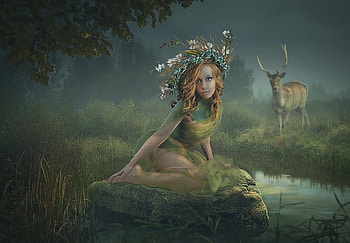 Naiad, animal, sirena, mermaid, girl, annewipf, lake, summer, fantasy, flower, green, deer, luminos, forest, wreath HD wallpaper