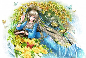Libra, floral, long hair, dress, beauty, nice, butterfly, flower, , angelic, female, blossom, sweet, divine, gorgeous, girl, beautiful, anime girl, elegant, anime, pretty, gown, lovely HD wallpaper