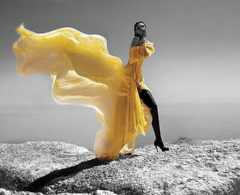 Yellow Flair, model, yellow, beautiful, people, rocks, female HD wallpaper