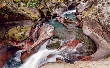 Glacier National Park, Montana, path, waterfall, trees, cascade, rocks, water, stones HD wallpaper