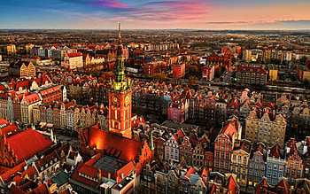 Gdask, , sunset, skyline cityscapes, polish cities, clock tower, Poland, Europe, Gdask city hall, R HD wallpaper