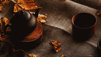 Teapot autumn leaves, Cloth texture, November atmosphere, Warm drink HD wallpaper