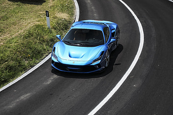 On-road, blue Ferrari F8 Tributo HD wallpaper