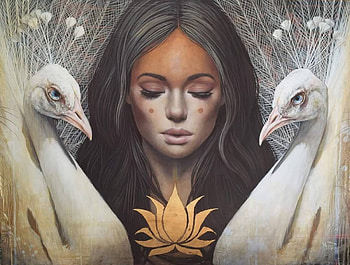 :), face, girl, peacock, white, art, bird, sophie wilkins, paun, fantasy, painting, pictura HD wallpaper