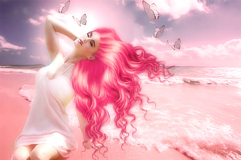 PINK, FEMALE, BUTTERFLIES, HAIR HD wallpaper