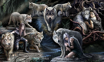 Fantasy Forest, artwork, girl, wolves, wolfpack, painting HD wallpaper