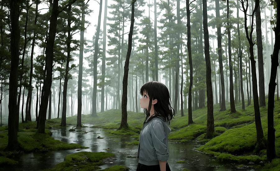 Girl, forest, Anime, Original, anime forest HD wallpaper