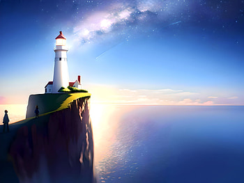 A lighthouse on top of a cliff, lighthouse, sea, Anime, landscape, anime landscape HD wallpaper