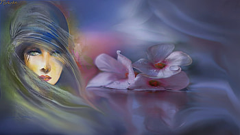 in blue, blue, fantasy, digital art, flowers, woman HD wallpaper