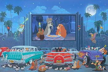 Lady and the Trump, blue, dog, car, painting, moon, pictura, couple, cinematograf, caine, vintage, art, disney, retro, red, luna, luminos HD wallpaper