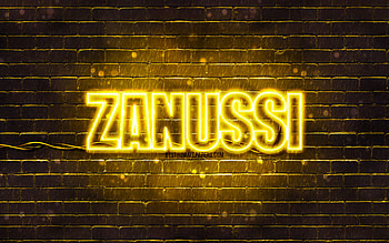 Zanussi yellow logo, , yellow brickwall, Zanussi logo, brands, Zanussi neon logo, Zanussi HD wallpaper