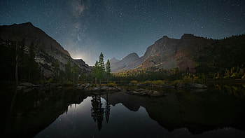 Pine Island Under A Billion Stars, mountains, mountain, stars, sky, clouds, cloud, trees, tree, lake, nature HD wallpaper