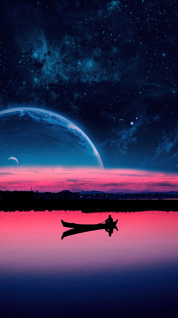 Evening Digital Art, sky, clouds, river, boat HD phone wallpaper