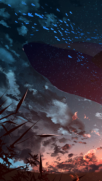 Giant whale swimming through the sky, starry sky, whale, sky, Anime, Animal, anime sunset, Sky Anime HD phone wallpaper