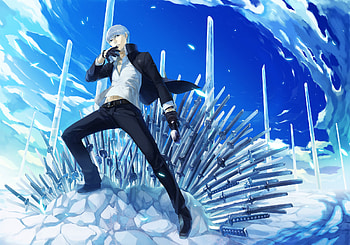 Seta Souji, silver hair, grey hair, shin megami tensei, blue eyes, gloves, perona, school uniform, swords, weapon, clouds, katana, persona 4 HD wallpaper