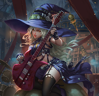 Witch, dark, hat, blue, art, guitar, girl, band, halloween, instrument, fantasy, antilous chao, red, antilous HD wallpaper